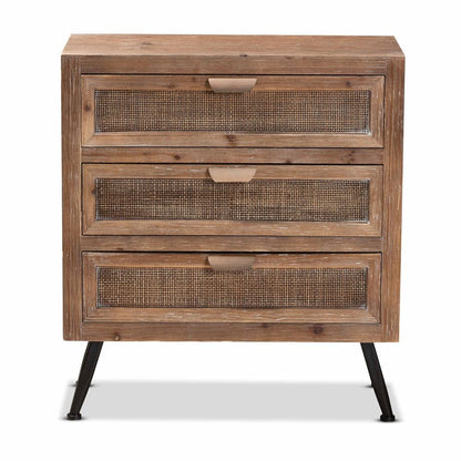 Whitewashed Natural Brown Finished Wood and Rattan 3-Drawer Storage Cabinet