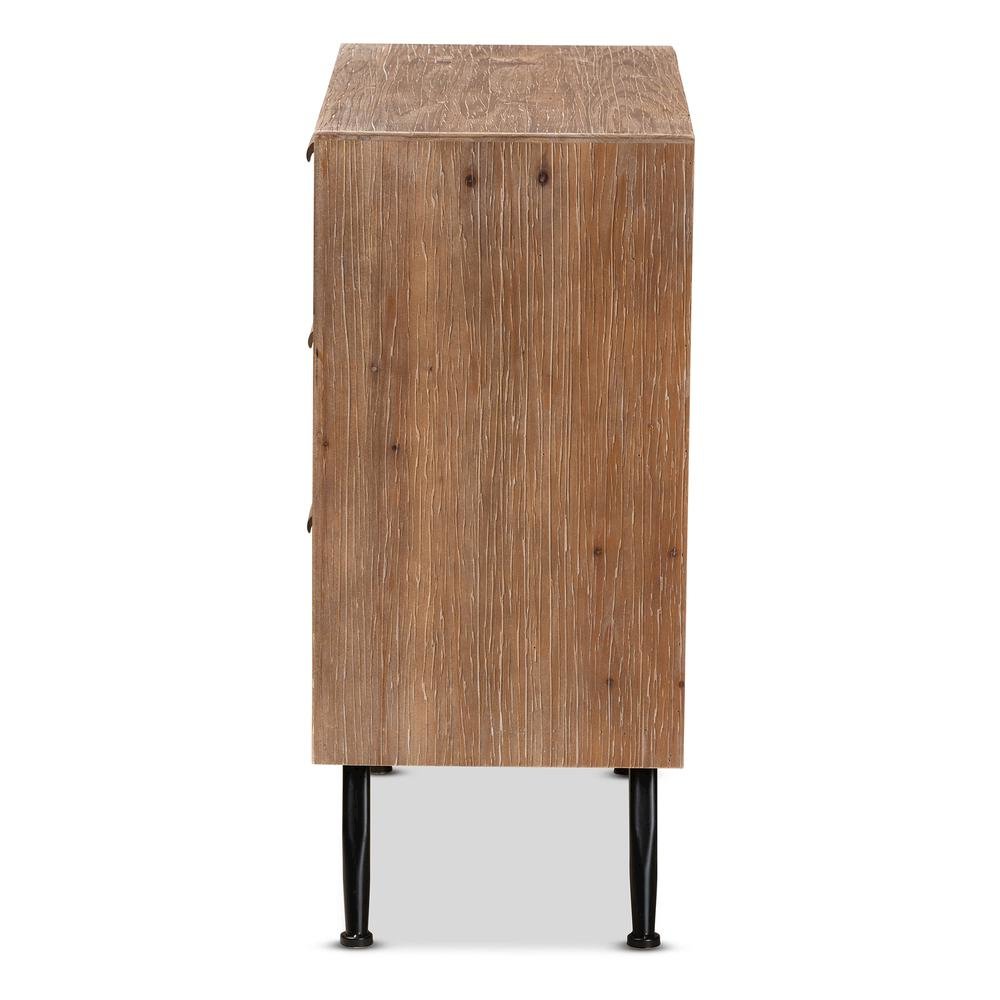 Whitewashed Natural Brown Finished Wood and Rattan 3-Drawer Storage Cabinet