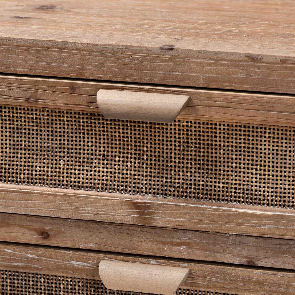 Whitewashed Natural Brown Finished Wood and Rattan 3-Drawer Storage Cabinet