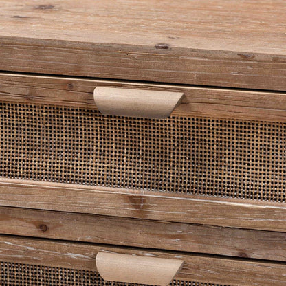 Whitewashed Natural Brown Finished Wood and Rattan 3-Drawer Storage Cabinet