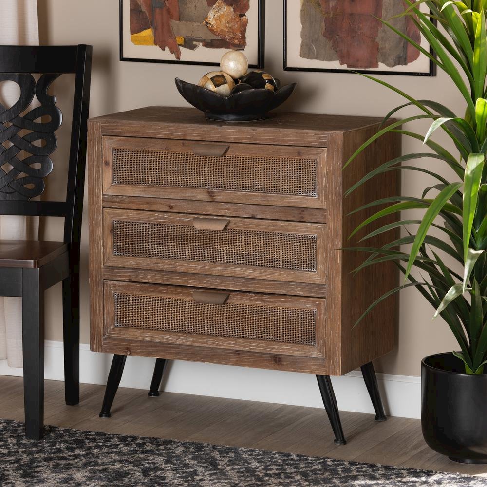 Whitewashed Natural Brown Finished Wood and Rattan 3-Drawer Storage Cabinet