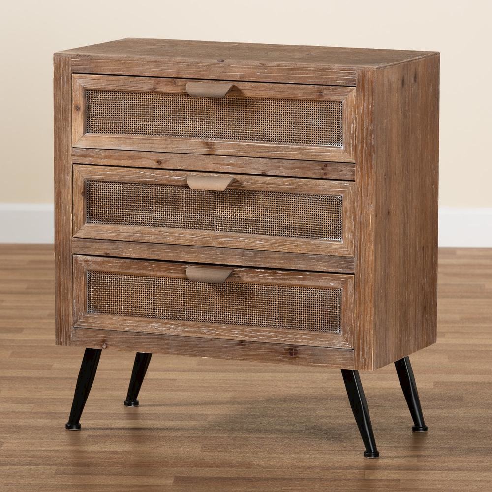 Whitewashed Natural Brown Finished Wood and Rattan 3-Drawer Storage Cabinet