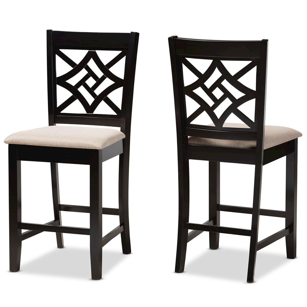 Sand Fabric Upholstered and Dark Brown Finished Wood 2-Piece Counter Stool Set