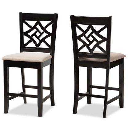 Sand Fabric Upholstered and Dark Brown Finished Wood 2-Piece Counter Stool Set