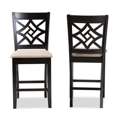 Sand Fabric Upholstered and Dark Brown Finished Wood 2-Piece Counter Stool Set