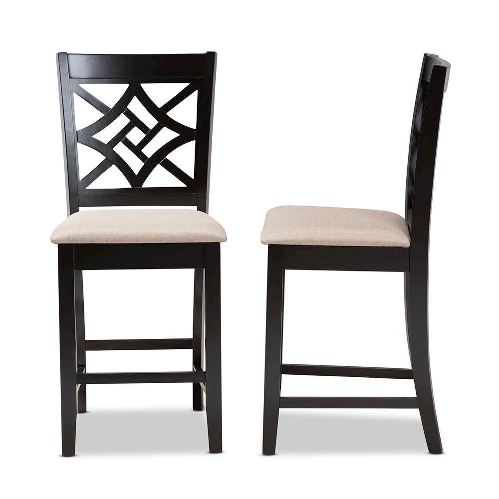 Sand Fabric Upholstered and Dark Brown Finished Wood 2-Piece Counter Stool Set
