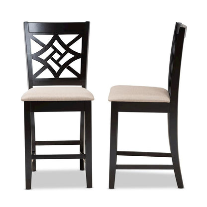 Sand Fabric Upholstered and Dark Brown Finished Wood 2-Piece Counter Stool Set