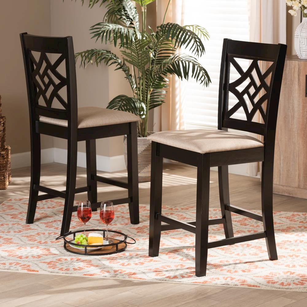 Sand Fabric Upholstered and Dark Brown Finished Wood 2-Piece Counter Stool Set
