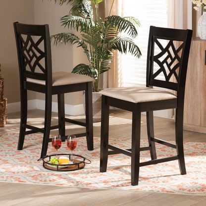 Sand Fabric Upholstered and Dark Brown Finished Wood 2-Piece Counter Stool Set