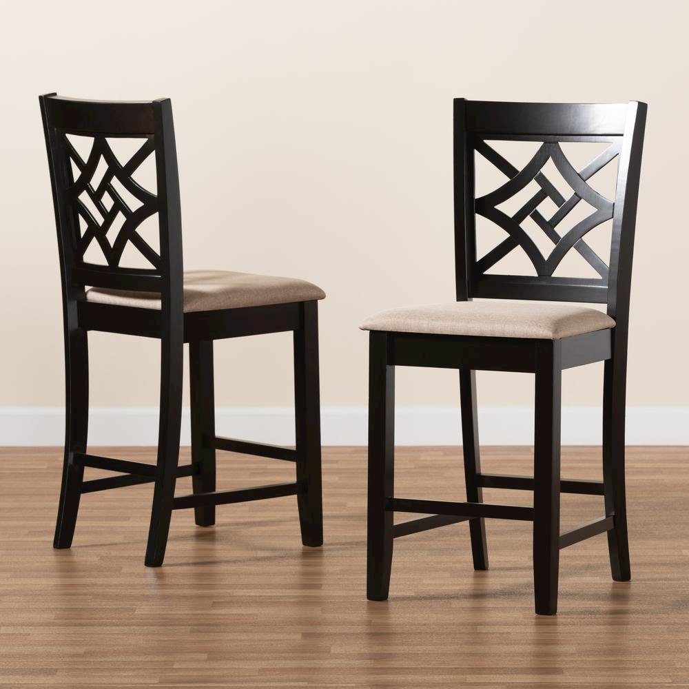 Sand Fabric Upholstered and Dark Brown Finished Wood 2-Piece Counter Stool Set