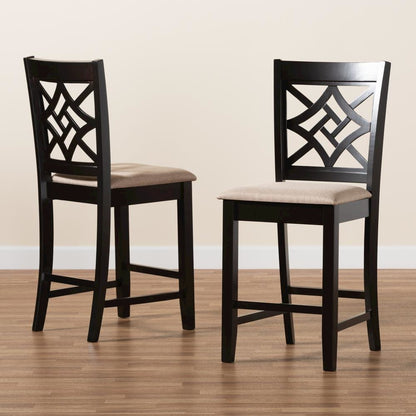 Sand Fabric Upholstered and Dark Brown Finished Wood 2-Piece Counter Stool Set
