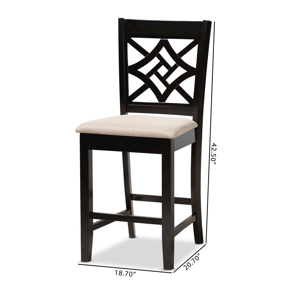 Sand Fabric Upholstered and Dark Brown Finished Wood 2-Piece Counter Stool Set
