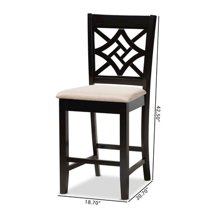 Sand Fabric Upholstered and Dark Brown Finished Wood 2-Piece Counter Stool Set