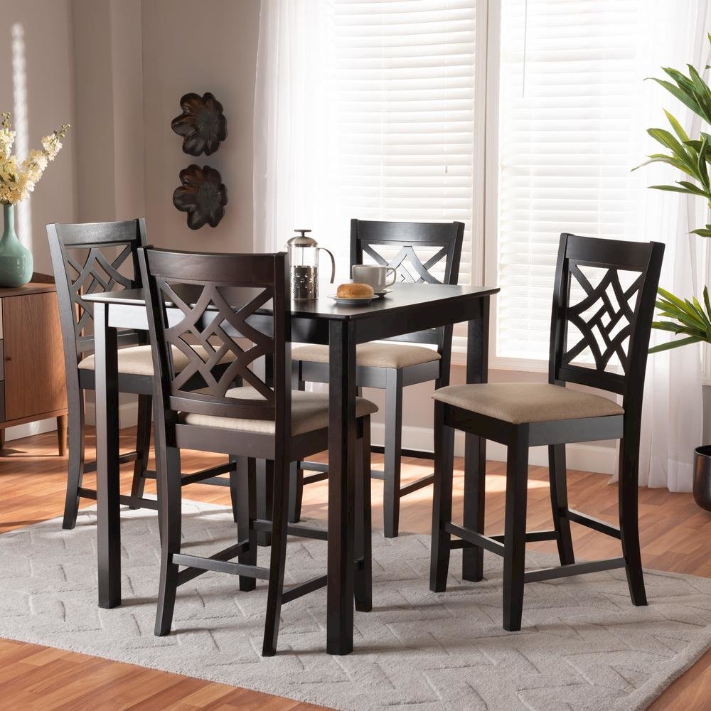 Sand Fabric Upholstered and Dark Brown Finished Wood 5-Piece Pub Set