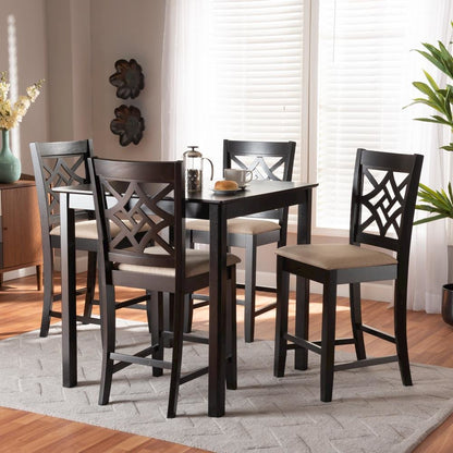 Sand Fabric Upholstered and Dark Brown Finished Wood 5-Piece Pub Set