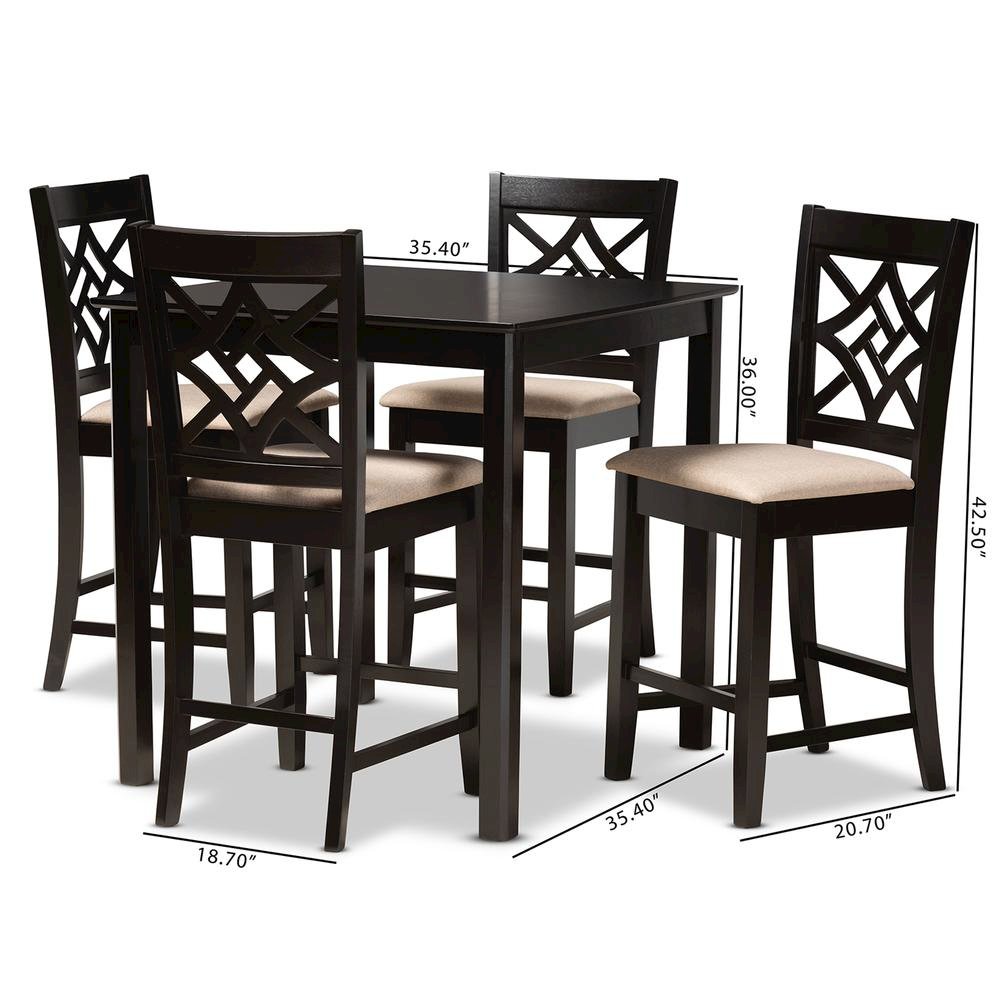 Sand Fabric Upholstered and Dark Brown Finished Wood 5-Piece Pub Set