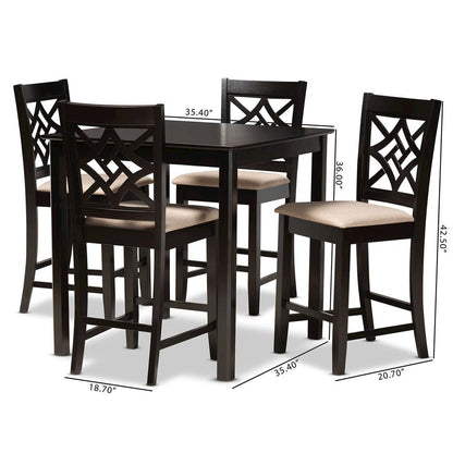 Sand Fabric Upholstered and Dark Brown Finished Wood 5-Piece Pub Set