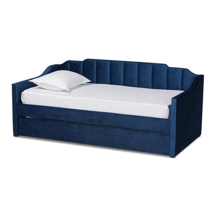 Navy Blue Velvet Fabric Upholstered Twin Size Daybed with Trundle