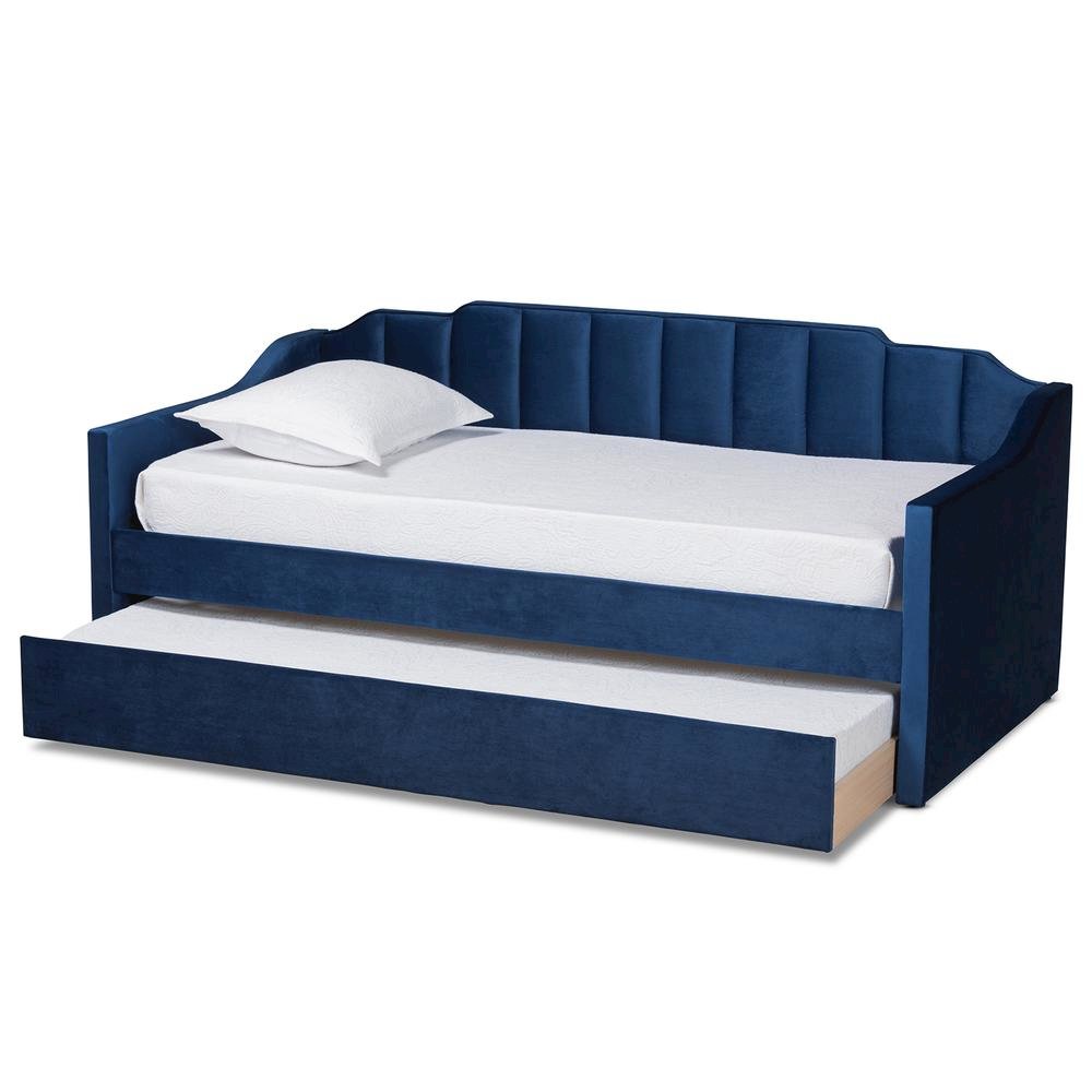 Navy Blue Velvet Fabric Upholstered Twin Size Daybed with Trundle
