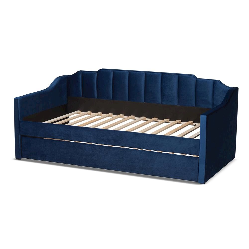 Navy Blue Velvet Fabric Upholstered Twin Size Daybed with Trundle