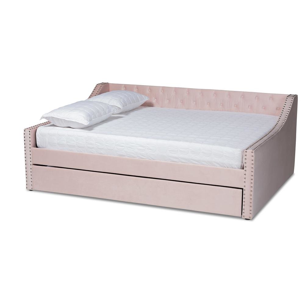 Pink Velvet Fabric Upholstered Full Size Daybed with Trundle