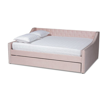 Pink Velvet Fabric Upholstered Full Size Daybed with Trundle