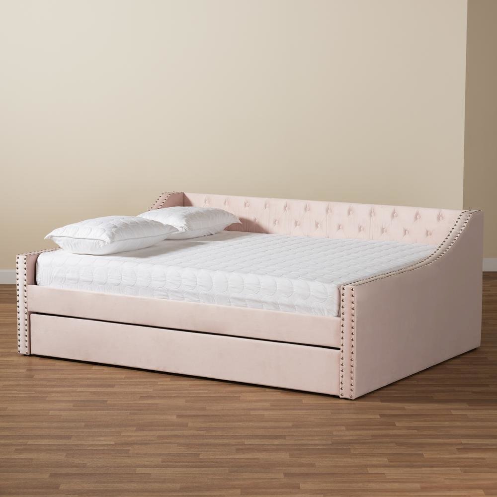 Pink Velvet Fabric Upholstered Full Size Daybed with Trundle
