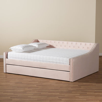 Pink Velvet Fabric Upholstered Full Size Daybed with Trundle