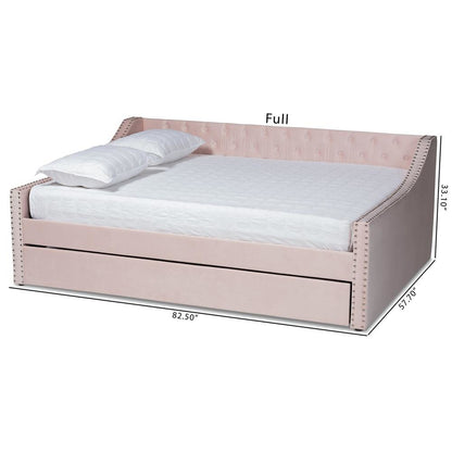 Pink Velvet Fabric Upholstered Full Size Daybed with Trundle