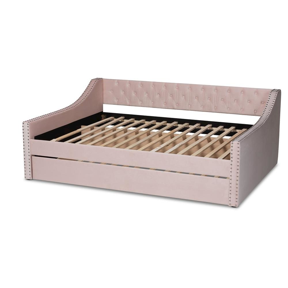 Pink Velvet Fabric Upholstered Full Size Daybed with Trundle