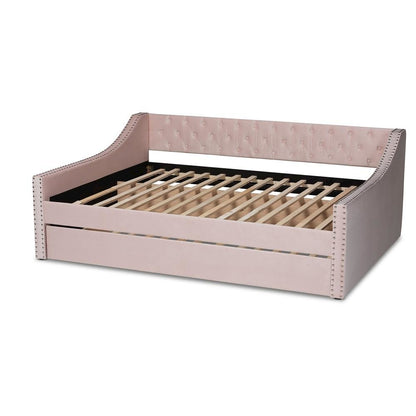 Pink Velvet Fabric Upholstered Full Size Daybed with Trundle