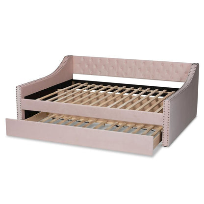 Pink Velvet Fabric Upholstered Full Size Daybed with Trundle