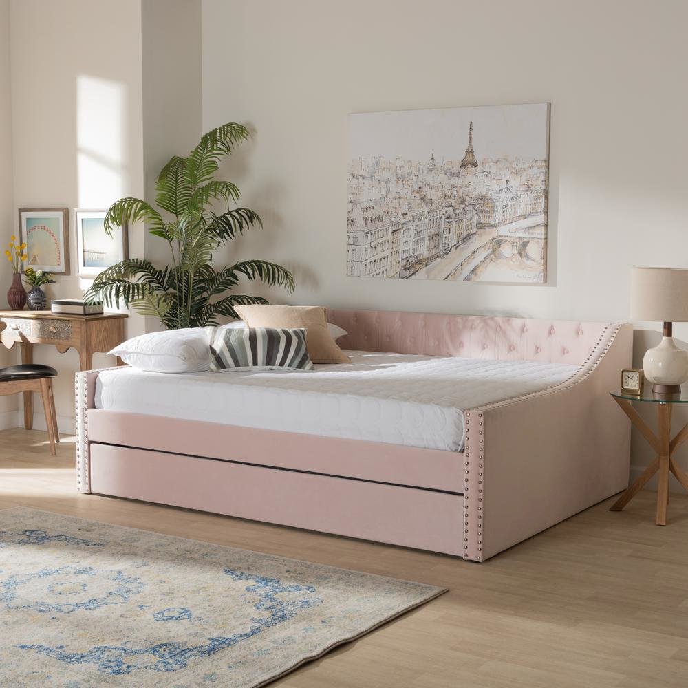 Pink Velvet Fabric Upholstered Full Size Daybed with Trundle