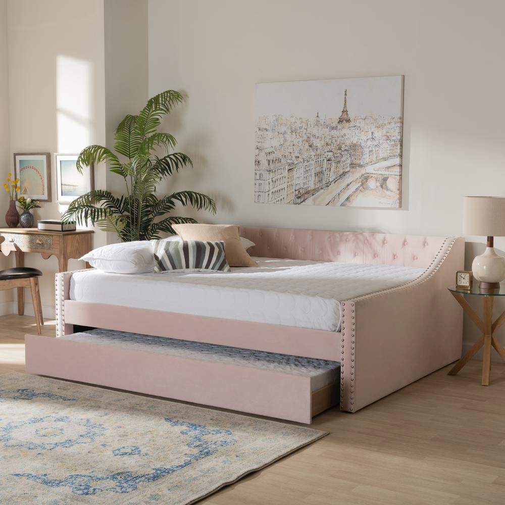 Pink Velvet Fabric Upholstered Full Size Daybed with Trundle