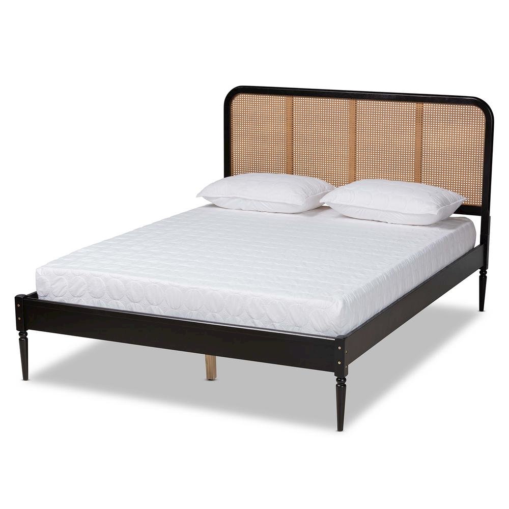 Charcoal Finished Wood and Synthetic Rattan Queen Size Platform Bed