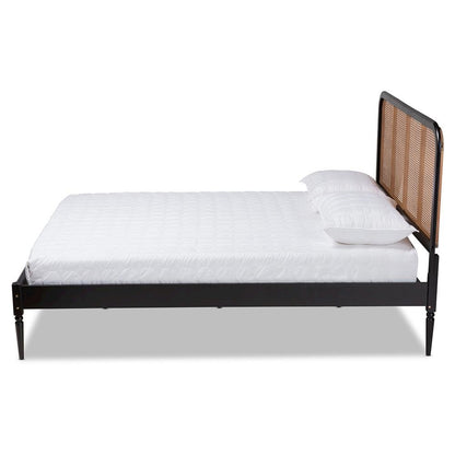Charcoal Finished Wood and Synthetic Rattan Queen Size Platform Bed