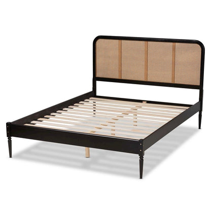 Charcoal Finished Wood and Synthetic Rattan Queen Size Platform Bed