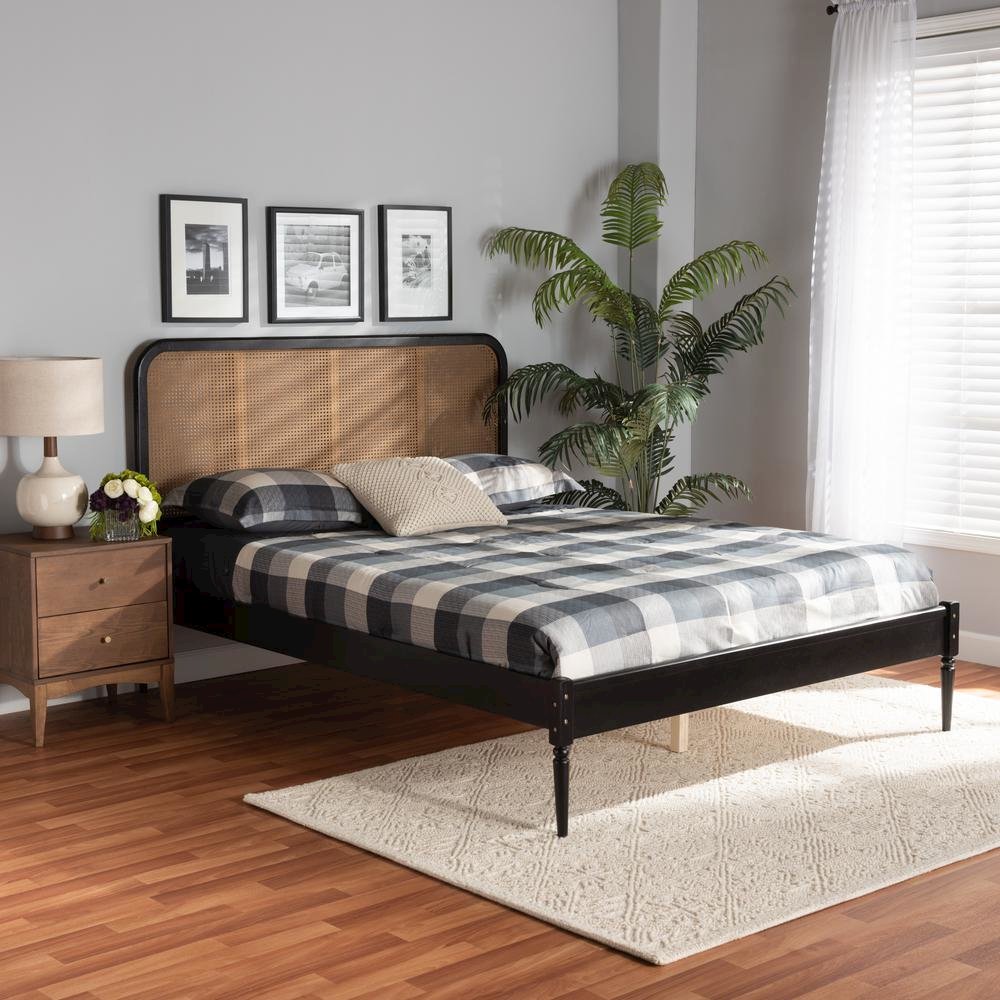 Charcoal Finished Wood and Synthetic Rattan Queen Size Platform Bed