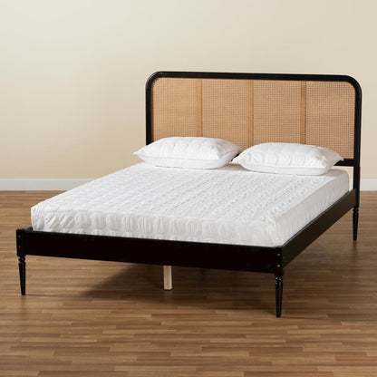 Charcoal Finished Wood and Synthetic Rattan Queen Size Platform Bed