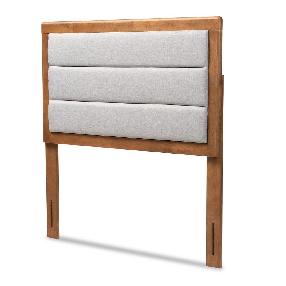 Light Grey Fabric Upholstered and Walnut Brown Finished Wood Twin Size Headboard