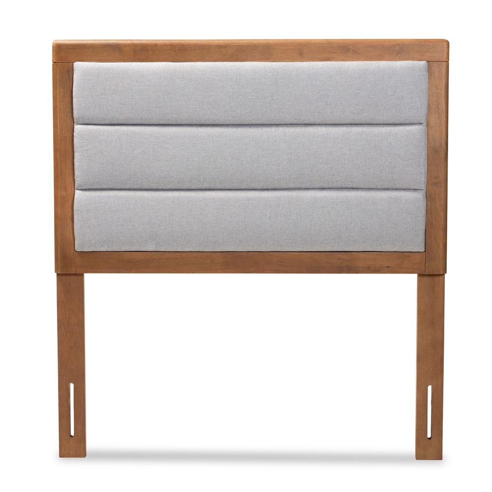 Light Grey Fabric Upholstered and Walnut Brown Finished Wood Twin Size Headboard
