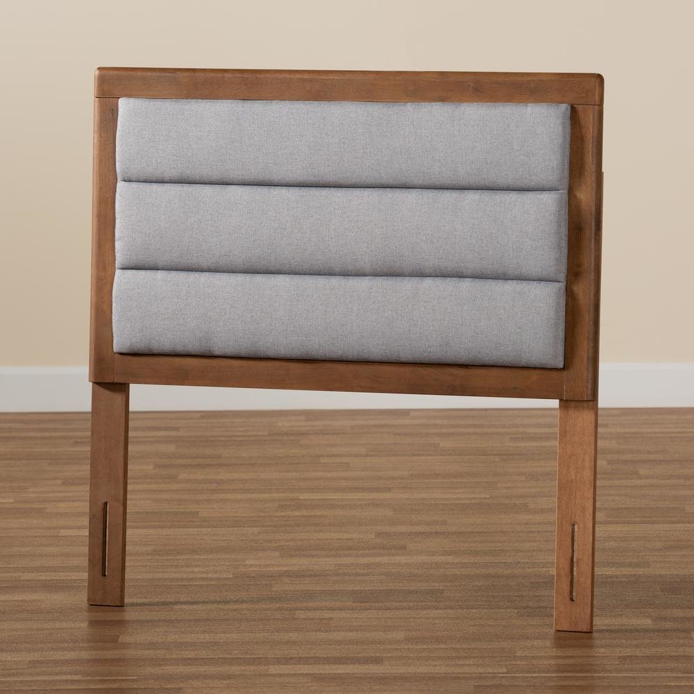 Light Grey Fabric Upholstered and Walnut Brown Finished Wood Twin Size Headboard