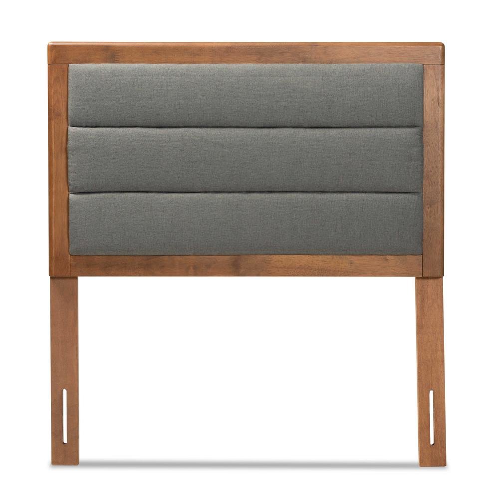 Dark Grey Fabric Upholstered and Walnut Brown Finished Wood Twin Size Headboard