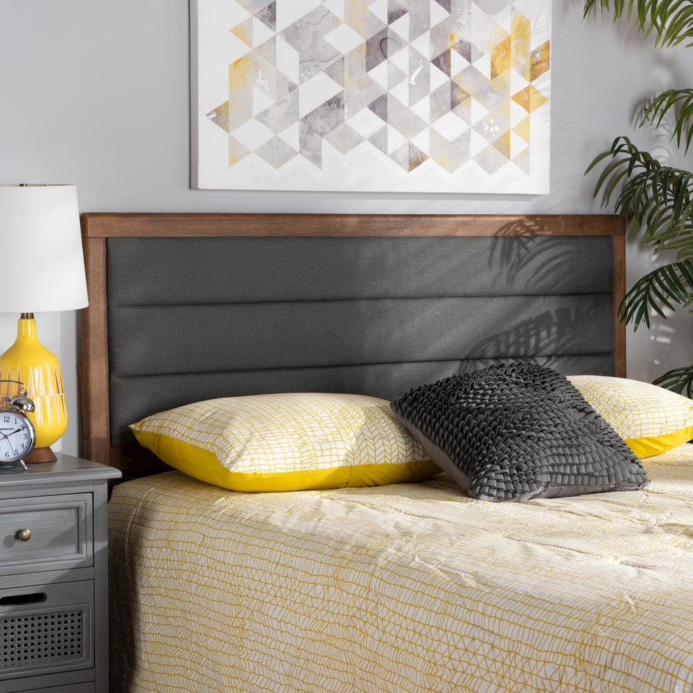 Dark Grey Fabric Upholstered and Walnut Brown Finished Wood Full Size Headboard