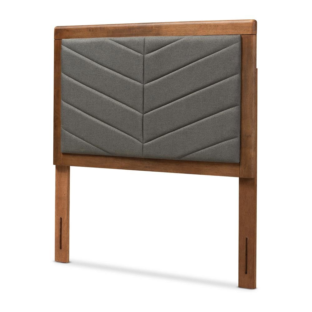 Dark Grey Fabric Upholstered and Walnut Brown Finished Wood Twin Size Headboard
