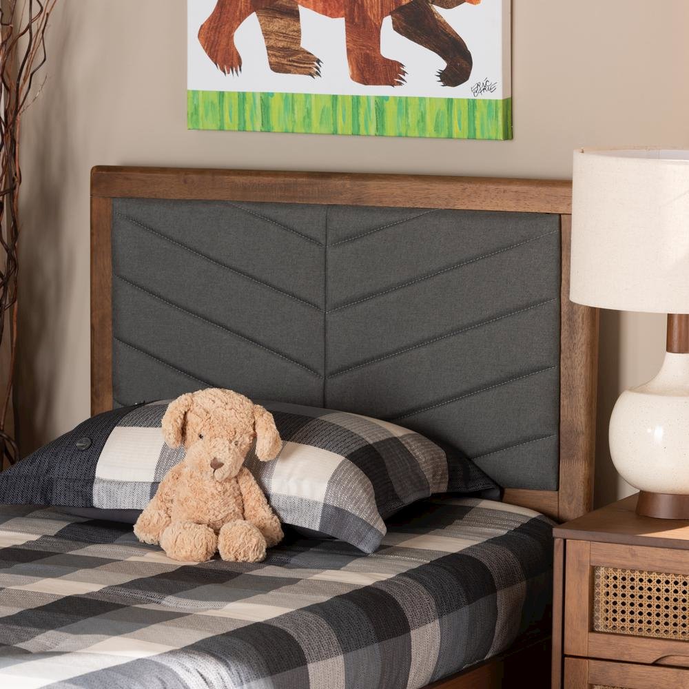 Dark Grey Fabric Upholstered and Walnut Brown Finished Wood Twin Size Headboard