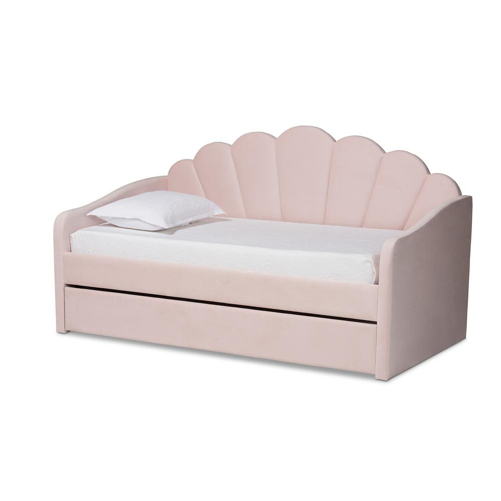 Light Pink Velvet Fabric Upholstered Full Size Daybed with Trundle