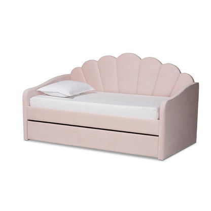 Light Pink Velvet Fabric Upholstered Full Size Daybed with Trundle