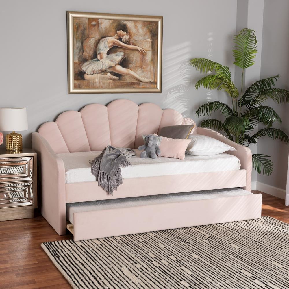 Light Pink Velvet Fabric Upholstered Full Size Daybed with Trundle