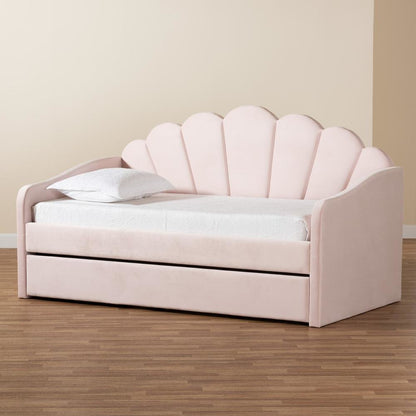 Light Pink Velvet Fabric Upholstered Full Size Daybed with Trundle